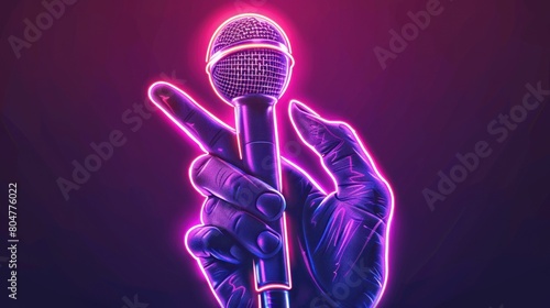 Hand with microphone neon sign. Stand up comedy. Karaoke singer item. Shiny glowing symbol.