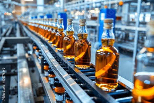 Whiskey bottling process in a traditional factory environment for efficient production