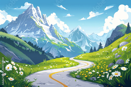 Winding road on mountain background. Vector cartoon illustration of curvy highway on green hill with grass and summer flowers, glacier on rocky peaks, fluffy clouds in blue sky, travel game backdrop v