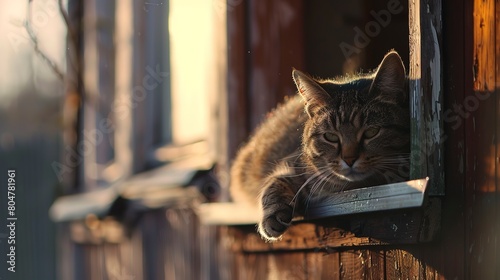 Cat on a barn window sill, close up, lazy gaze, soft focus, warm sunset light 