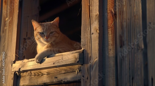 Cat on a barn window sill, close up, lazy gaze, soft focus, warm sunset light