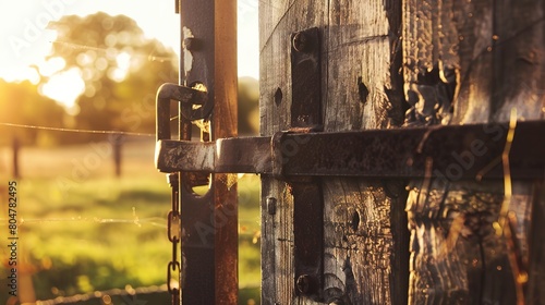 Farm gate, close up, old metal latch and wooden frame, focus on texture, sunset backlight 