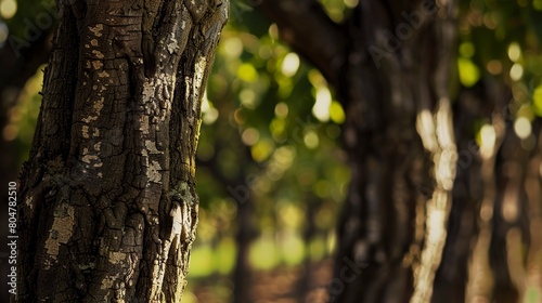 Orchard rows, close up, focus on tree bark textures, filtered light through leaves 