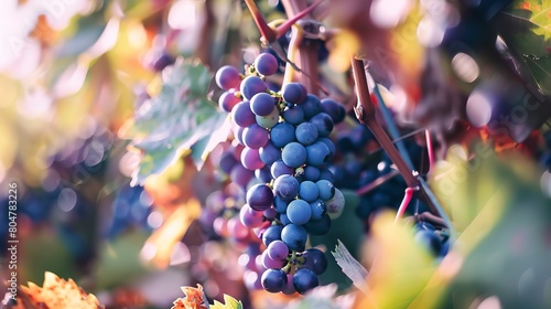 Harvesting cabernet sauvignon grapes, close up, vibrant purple against green leaves, crisp autumn 
