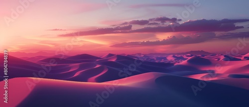 A vast desert landscape with rolling sand dunes under a setting sun