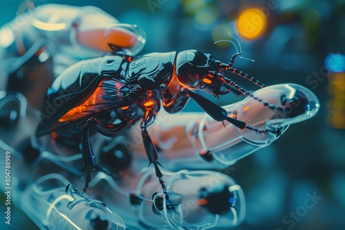 A close up cyber concept captures an entomologist using robotic insects to study real bug behaviors in a controlled environment