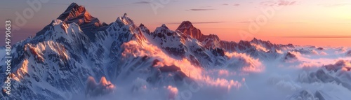 In this 3D render, the summit at sunset provides a majestic view of cloudkissed mountain peaks glowing in the soft evening light, Sharpen Landscape background