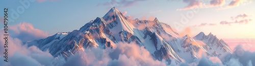 In this 3D render, the summit at sunset provides a majestic view of cloudkissed mountain peaks glowing in the soft evening light, Sharpen Landscape background