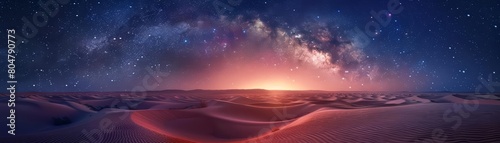 Night landscape of the Milky Way galaxy stretching above a quiet desert