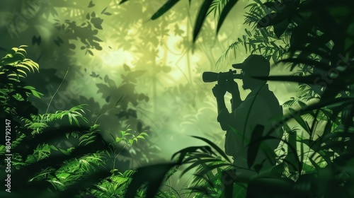 The silhouette of a birdwatcher in a lush forest
