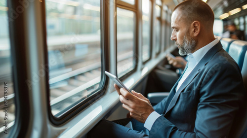 Businessman checking his tablet while commuting by train