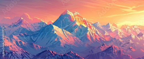 A majestic mountain range at sunrise, snow-capped peaks, warm colors, Background Banner HD