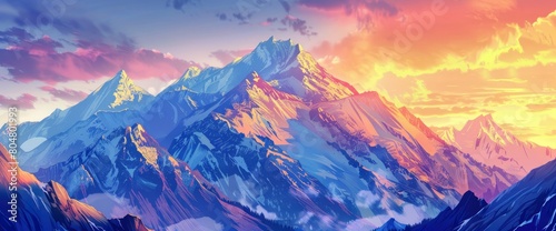 A majestic mountain range at sunset, snow-capped peaks, vibrant colors, Background Banner HD