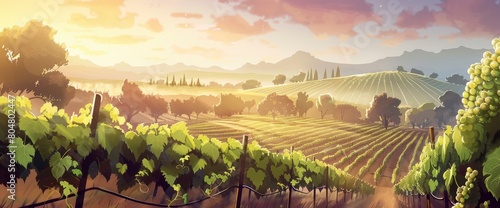A picturesque vineyard at sunrise, rows of grapevines, misty atmosphere, Background Banner HD