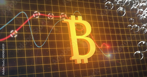 Image of financial data processing with glowing bitcoin symbol on grid