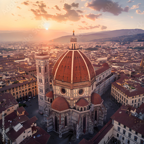 Aerial view of the florence cathedral at sunset, showcasing the stunning architecture and historical significance of this iconic renaissance landmark in the european city of florence, italy
