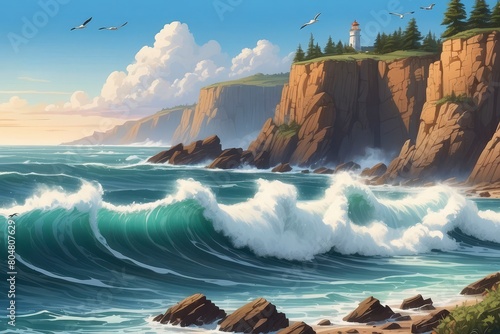 A coastal rugged cliffs scene with crashing waves, rocky shore, foamy surf and flying seabirds overhead.