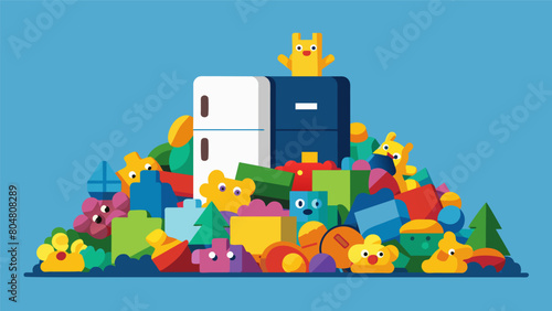 A pile of discarded toy figurines patiently waiting to be turned into colorful refrigerator magnets.. Vector illustration