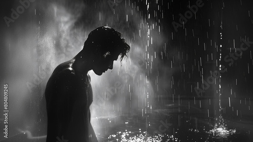 a depressed man silhouette outdoors in the rain, the rain, darkness, and his posture synergize to evoke a feeling of purification or overwhelming emotion