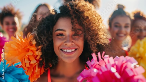 Close-up portrait of a cheerful young cheerleader with pom-poms