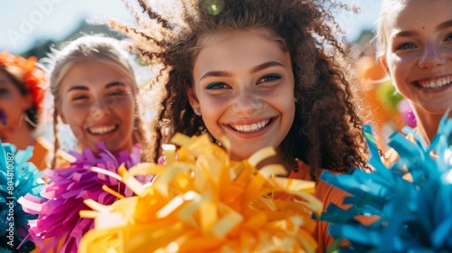 Young cheerleaders smiling with colorful pom-poms at a festival.