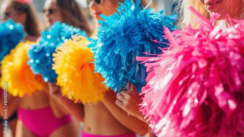 Group of cheerleaders performing with colorful pom-poms