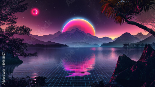 80s synthwave landscape with grid, neon colors and big moon in the sky, dark purple background, mountains, trees, water surface, pink sun