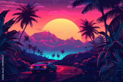 A retrofuturistic landscape with neon mountains, palm trees, and an old school car driving down the road towards sunset.