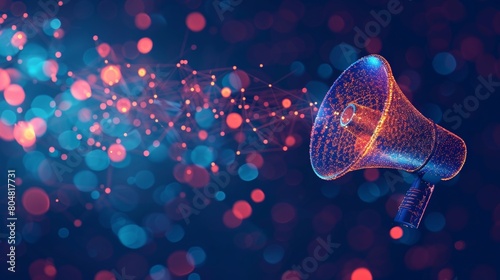 Hologram of a megaphone releasing particles on a purple background, marketing concept