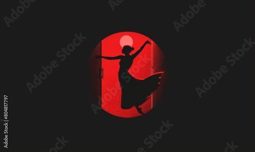 An illustration of a woman wearing a long dress and dancing against a door, black and red minimal logo of a ballerina girl with skirt.