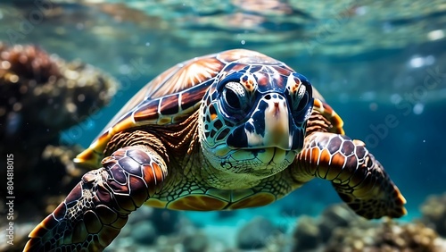 Green sea turtle swimming in coral reef. Sea tortoise. Marine life.