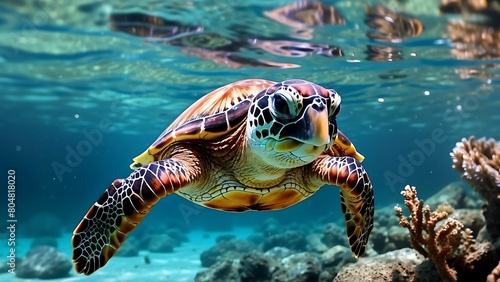 Green sea turtle swimming in coral reef. Sea tortoise. Marine life.