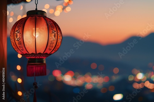 Chinese traditional festival New Year lantern at sunset, Chinese lantern hanging from branches and landscape in the background