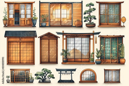 Japanese Architecture Icons: Wooden Structures, Tatami Mats, and Sliding Shoji Screens Collection