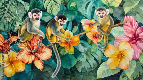 Watercolor of playful monkeys swinging from vibrant jungle vines, surrounded by lush green foliage and bright flowers