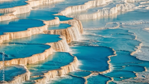 Landscape view of pamukkale’s travertines or white calcium terraces filled with turquoise thermal waters, showcasing nature’s artistry