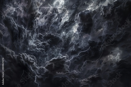 Craft a digital masterpiece showcasing photorealistic black storm clouds crackling with lightning 1
