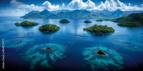 Serene tropical archipelago with crystal clear waters and lush green islands, perfect for travel or nature themes