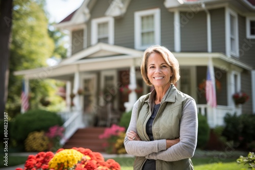 A Warm Welcome Awaits: Smiling Host Standing Proudly in Front of Her Quaint and Cozy Bed and Breakfast on a Sunny Morning