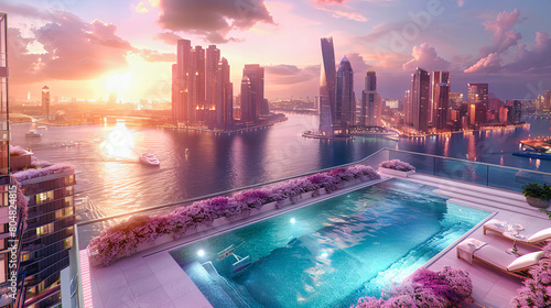Modern Dubai Cityscape at Sunset, Skyscrapers Reflecting in Marina Waters, Urban Travel Destination