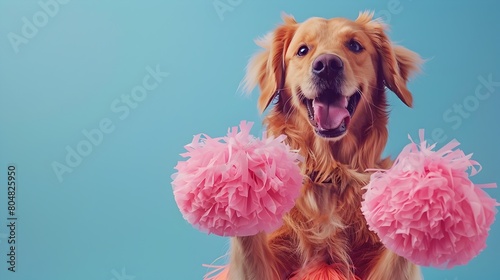 Surreal of Cheerful Golden Retriever in Pom Pom Skirt on Vivid Periwinkle Background