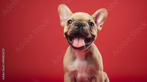 Adorable Fashionista Puppy Tongue out on Vibrant Red Background with Studio Lighting
