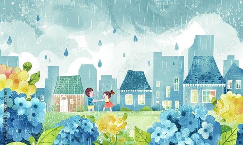 Rainy Day in a Colorful Neighborhood: An Illustrated Scene