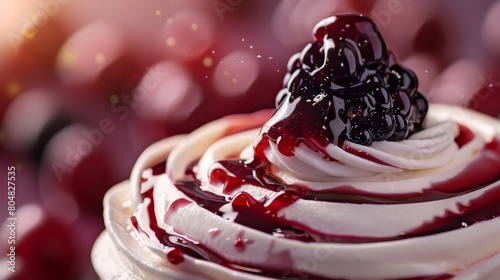 High-quality close-up image of silky yogurt with blackcurrant jam, detailed texture visible, shot under studio lights, perfect for product showcasing