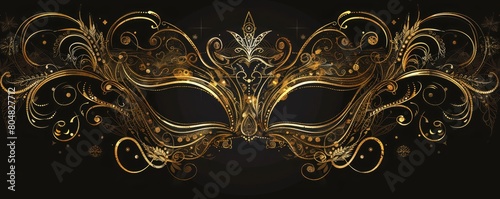A golden eye mask for masquerade party festival isolated on black background with floral pattern art. 