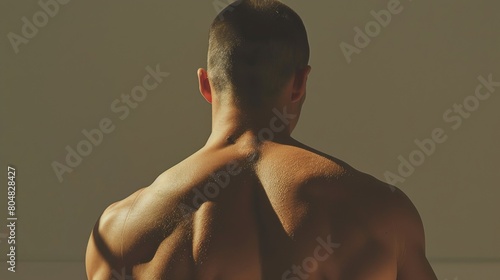 A muscular man with a shaved head is shown from behind. His back is facing the camera.
