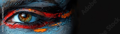 Artistic face painting abstract style low detail stark black background left text margin