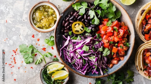 An aerial shot captures a bowl filled with black beans mini taco boats cabbage and salsa all the fixings needed to create a delicious taco loaded with black beans and veggies