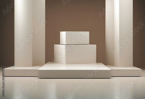 'beauty three empty showcase White pedestals mockup 3d podiums product floors beige cosmetics background presentation Square platforms poduim dais platform'