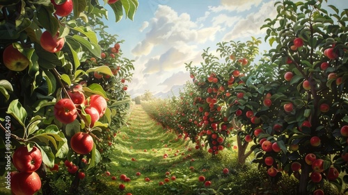 Apple Orchard A photorealistic painting of a lush apple orchard bursting with ripe red apples